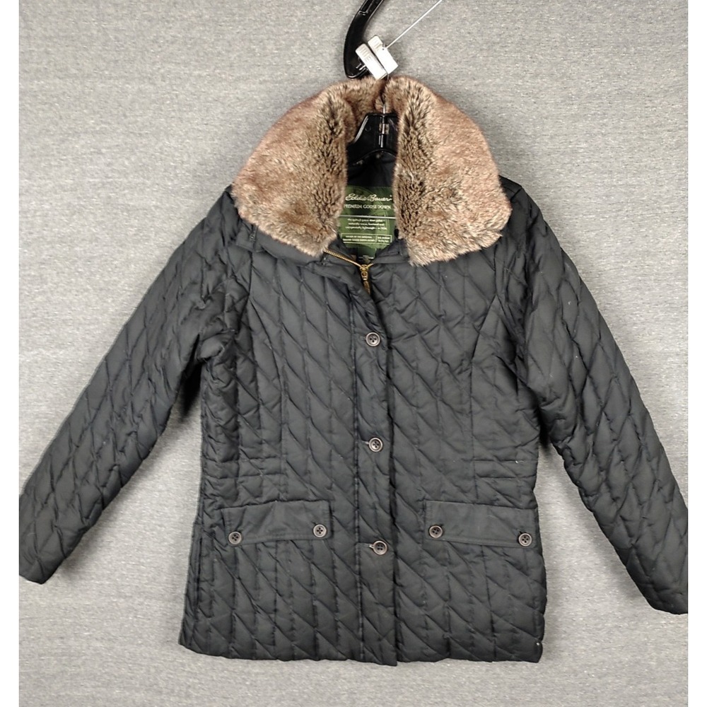 Eddie Bauer Womens Jacket M Black Goose Down Puffer Quilted Faux Fur Gorpcore